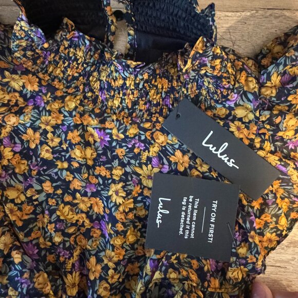 NWT Lulus- Evalina Mustard Yellow Floral Print Mock Neck Midi Dress - Picture 5 of 5